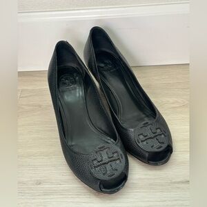 Tory Burch Black Peep toe wedges